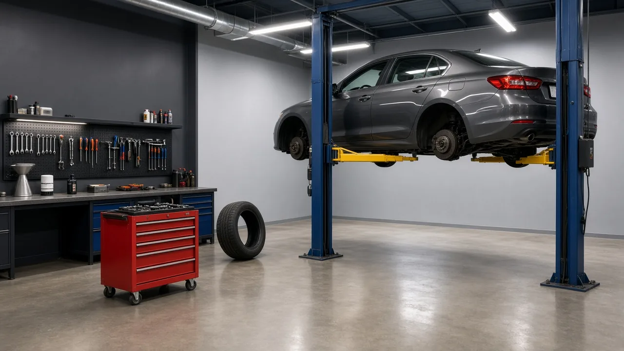 A clean auto repair bay with a gray sedan raised on a lift, a red rolling tool chest and a new tire on a polished concrete floor